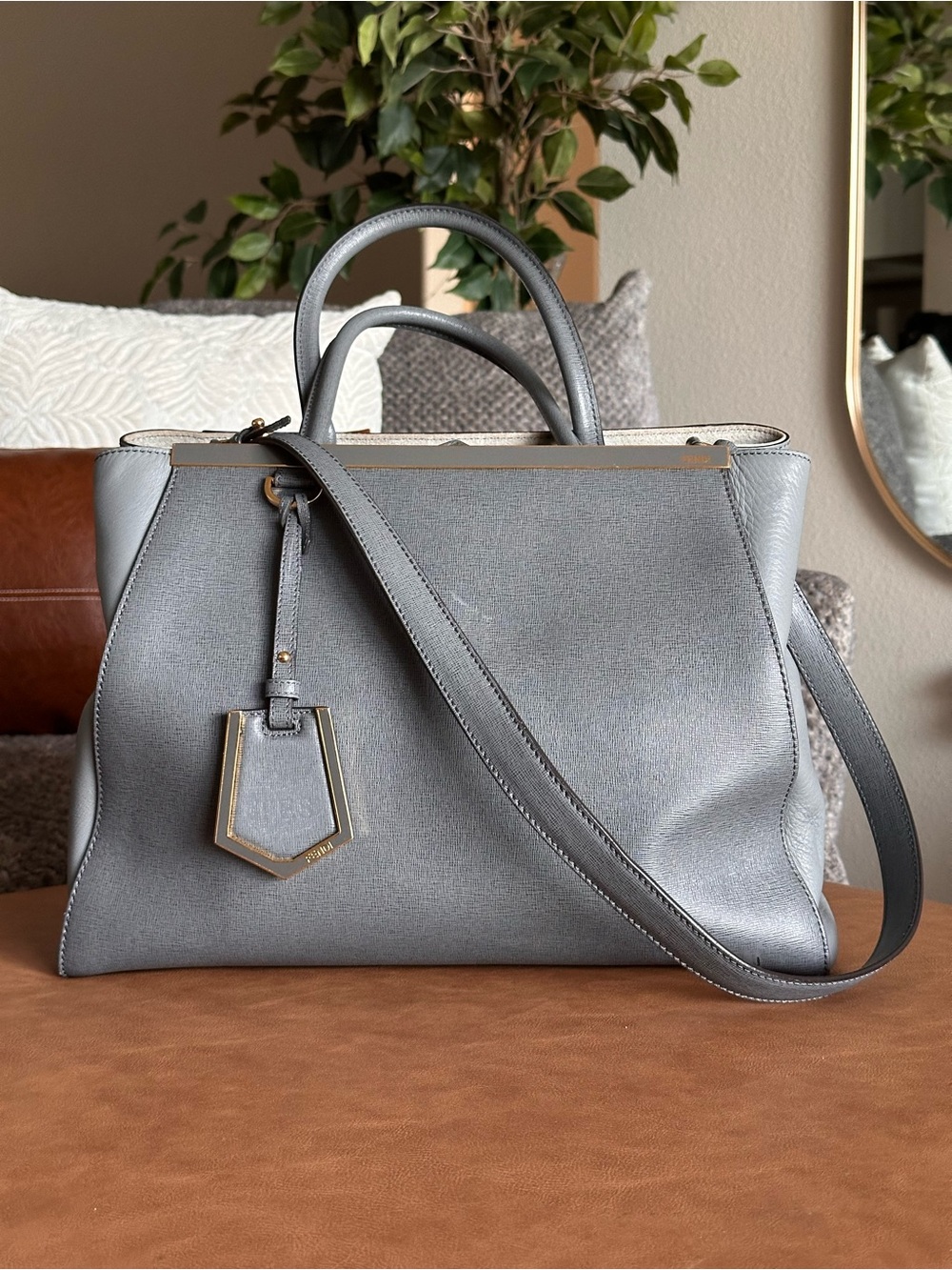 Fendi 2Jours Gray Leather Large Tote Bag Satchel Crossbody Strap Authentic